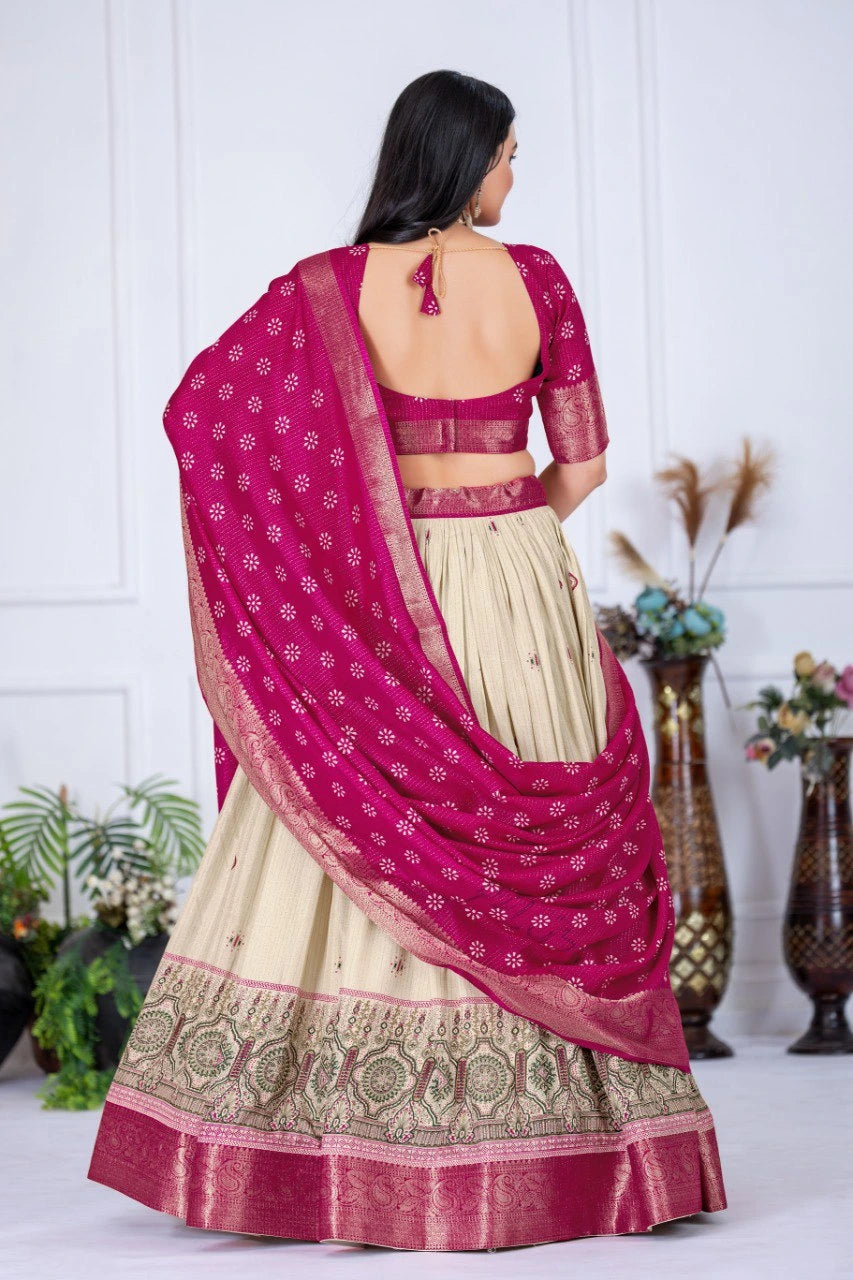 Woman wearing a traditional outfit with a pink blouse and cream skirt, standing against a white wall.